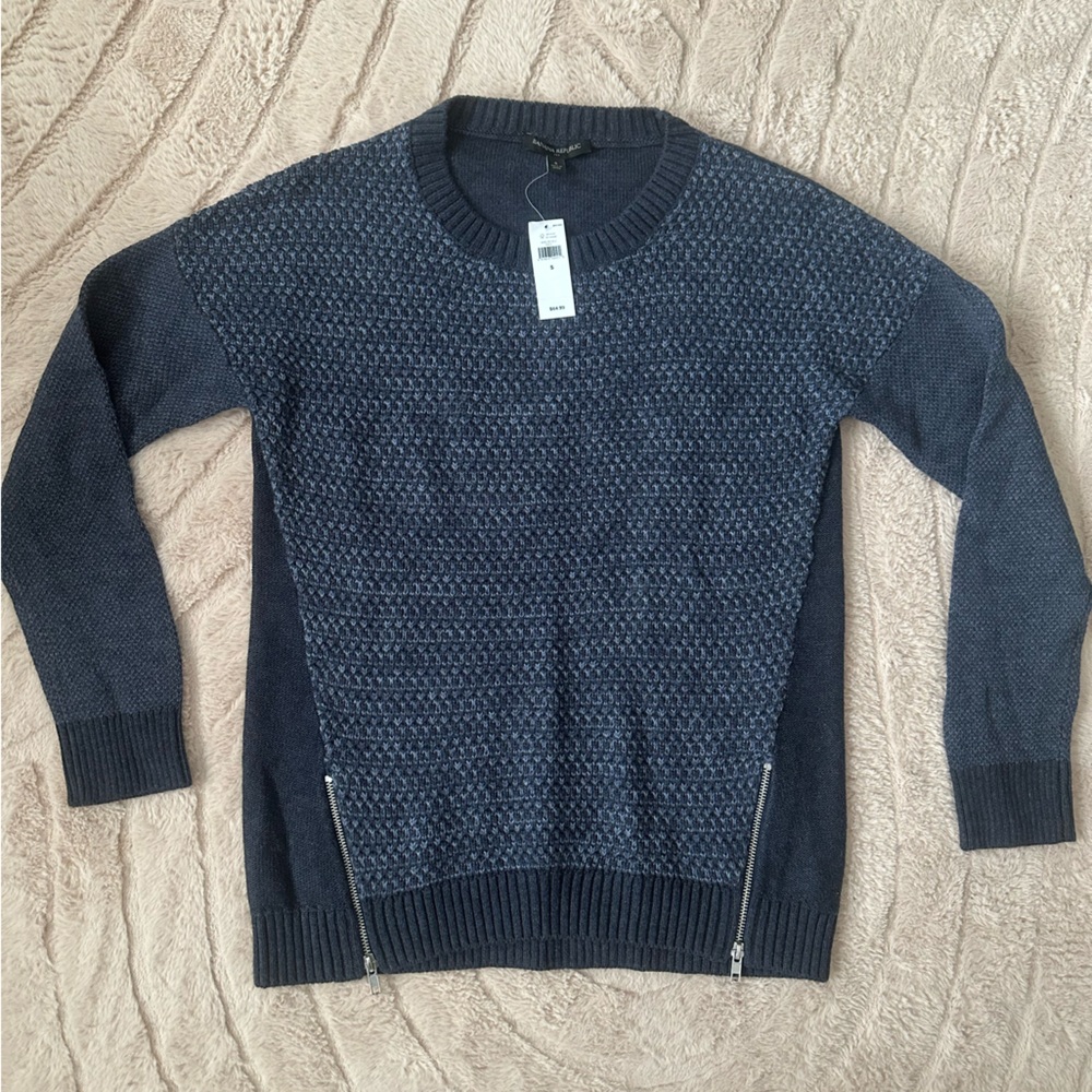 Banana Republic Dark Blue Crew Neck Sweater Side-Zip Detail NWT